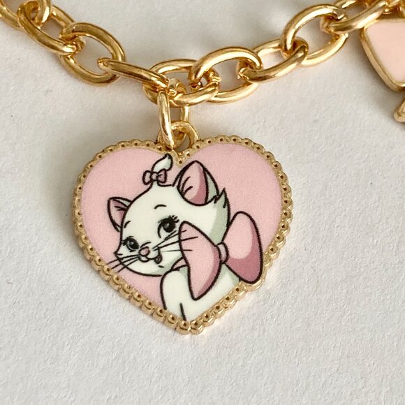 Disney Aristocats Marie Cat Charm Bracelet Heart Bow Signed 7-8" White Gold Tone - Picture 6 of 10